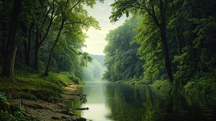 Serene Green Forest River Landscape