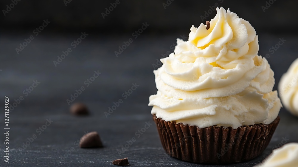 Poster delicious cupcake topped with smooth cream frosting on a dark background : generative ai