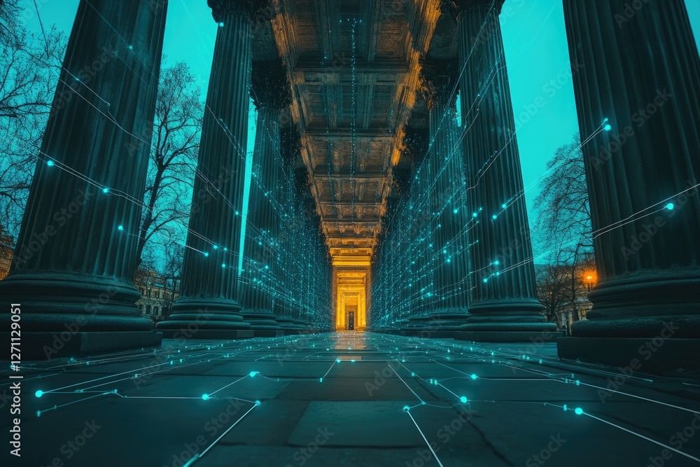 Poster A large modern building with columns and lights on it, perfect for urban landscape or architectural background