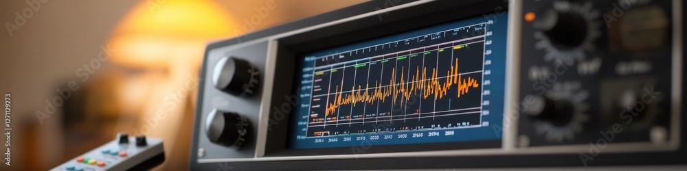 Poster close-up shot of a computer monitor with a remote control nearby, ideal for tech-related illustratio