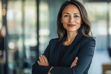 Fototapeta premium A professional woman in a business suit stands confidently with her arms crossed