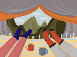 Fototapeta premium Illustration of two people relaxing in a tent with a view of green hills and mountains. red and blue socks that come out of a tourist tent