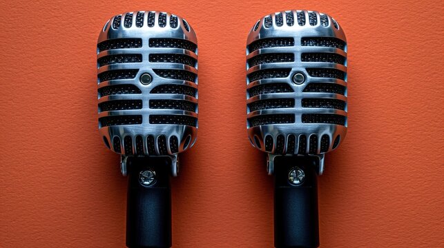 deux microphones sur un fond orange pour d&Atilde;&copy;bat ou talk show p HD 8K wallpaper Photographic Image