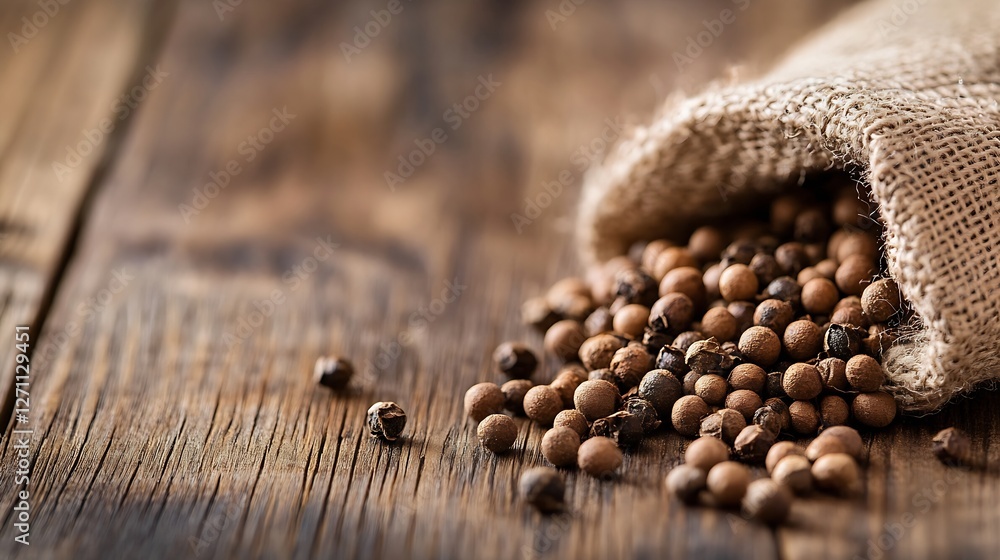 Aufkleber Close up of spilled coriander seeds from a burlap sack on rustic wooden table background : Generative AI