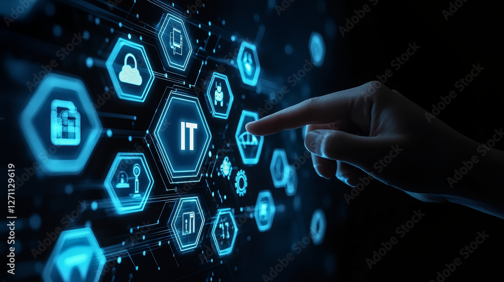Poster digital interface: a finger interacts with a futuristic digital interface, showcasing technology and