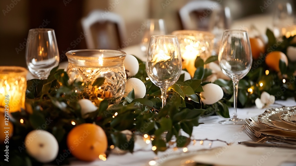Aufkleber elegant dining table setting adorned with candles and fresh oranges for a festive occasion : generat