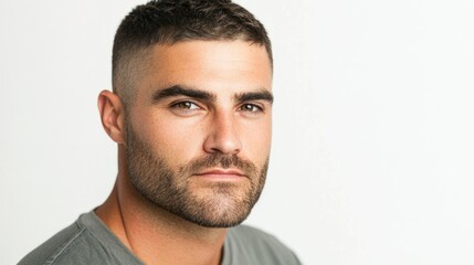 Obraz premium Portrait of a man with a short crew cut and a trimmed beard, isolated on a white background, highlighting a clean and classic appearance.