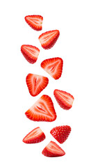 strawberry pieces falling down PNG. Fresh strawberry slices falling mid-air with vibrant red color isolated. strawberry png. strawberries png. Sliced strawberries floating and falling naturally png