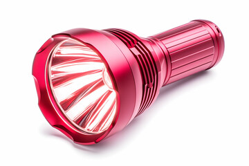 Red flashlight shining brightly. Emergency tool for camping and outdoor activities