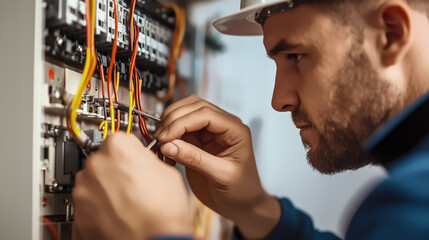Precision in Action: A dedicated electrician focused and meticulously works on an intricate electrical panel, highlighting expertise and the importance of safety in a critical profession.