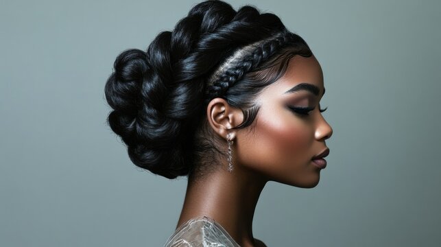 Side view of a Black woman with cornrow braids styled into an elegant updo, wearing natural makeup, standing in a studio with a neutral gray backdrop, showcasing healthy hair care.