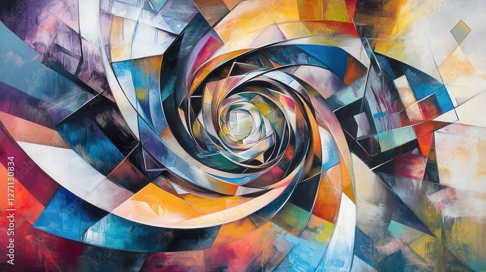 Poster abstract painting where geometric shapes twist and merge into an infinite vortex.