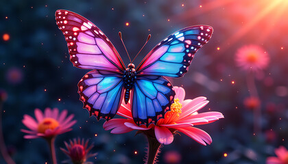 Colorful butterfly on pink flower in a natural setting