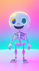 Shiny Skeleton Standing on a Neon Background