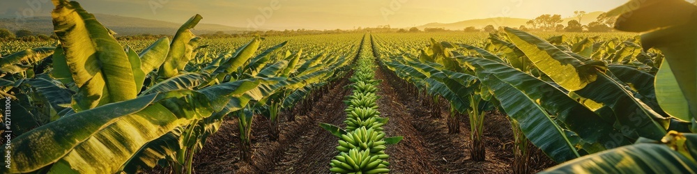 Poster a serene scene of a banana field at sunset, perfect for use as a background or to represent a tropic