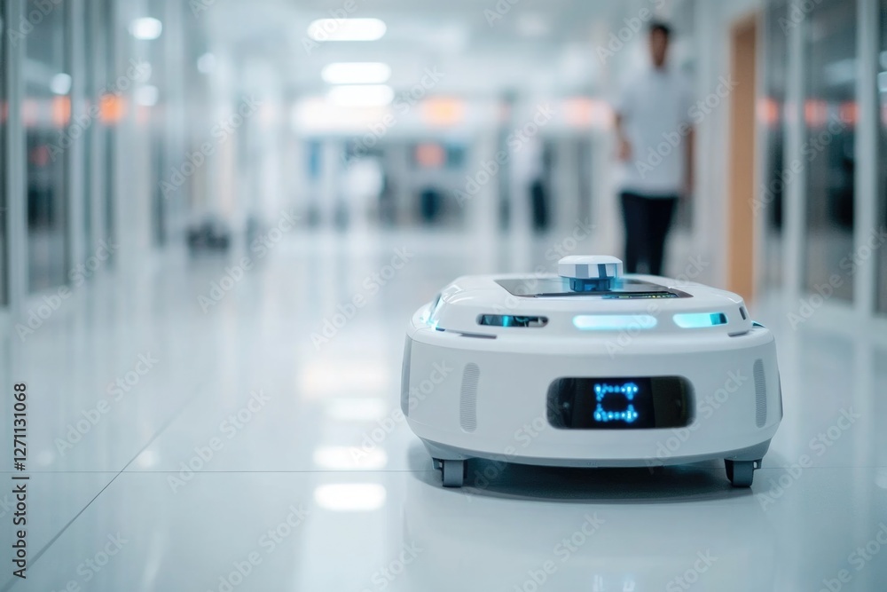 Poster a robot sitting on top of a white floor