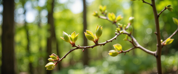 Fototapeta premium Tender buds sprouting on branch in bright forest, symbol of growth
