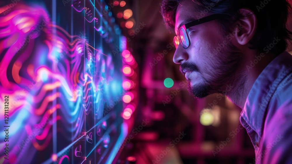 Aufkleber a focused digital artist studies vibrant graphical visualizations on a large screen, surrounded by c
