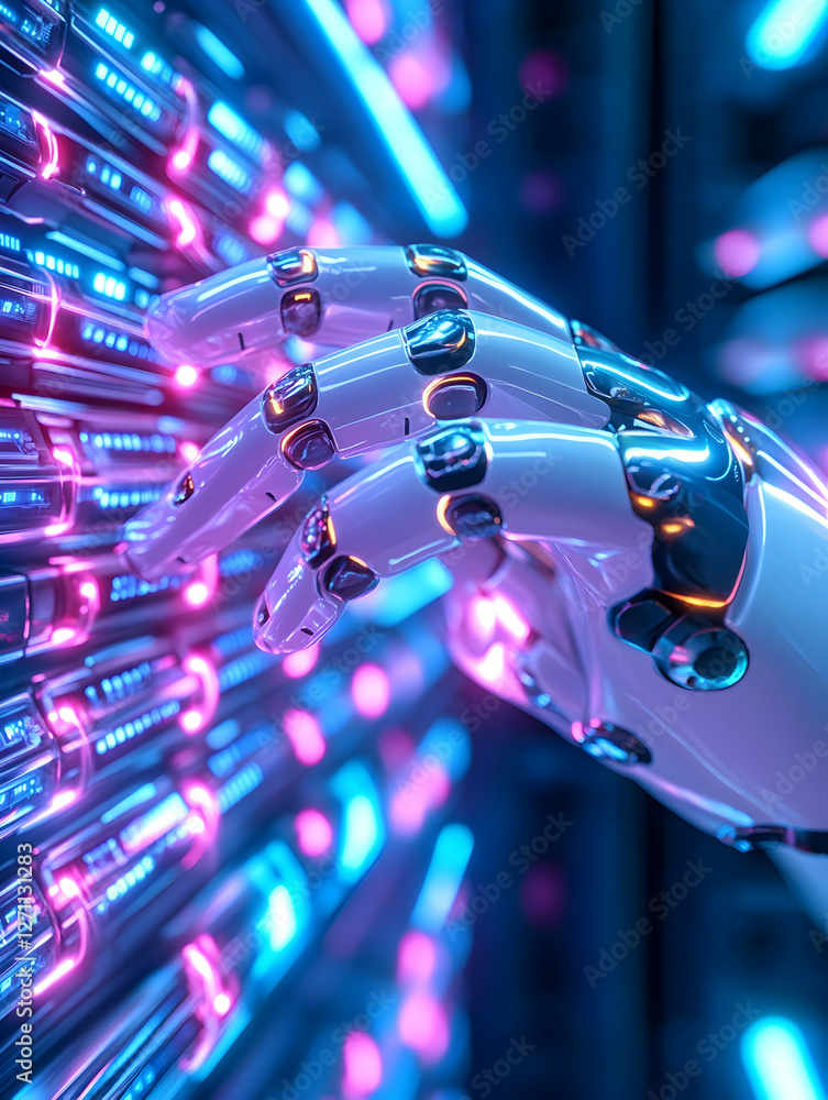 Aufkleber robot hand touches glowing panel display for tech, industry uses in background