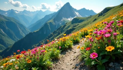 Obraz premium Alpine wildflowers in full bloom on a mountain slope, dirt path, mountain