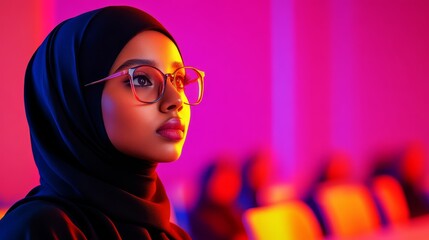 Young Muslim Woman in Hijab and Glasses - A thoughtful young Muslim woman wearing a hijab and glasses, symbolizing faith, intelligence, modernism, empowerment, and hope