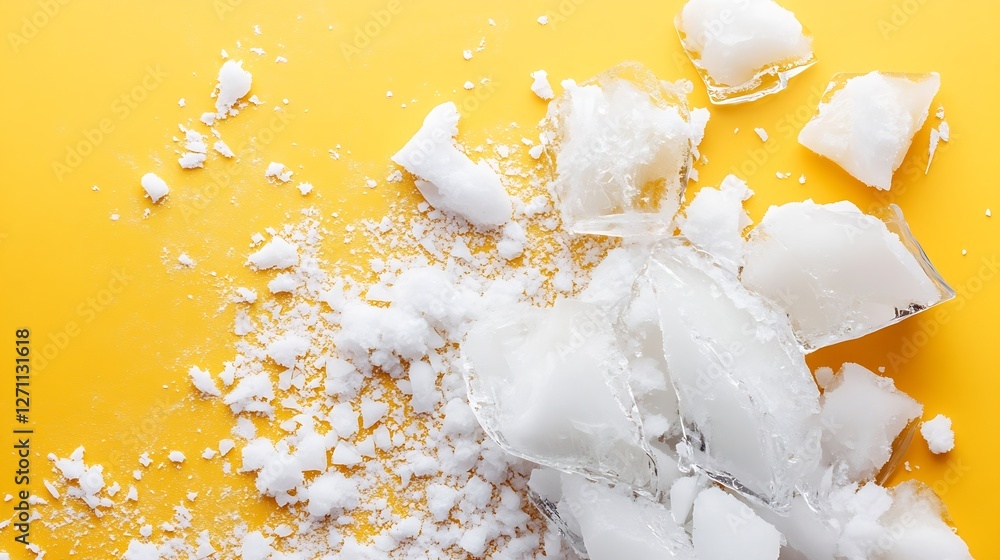 Poster close up of shattered ice on a vibrant yellow background creating an abstract visual effect : genera