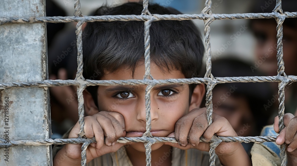 Poster a young boy looking through a rusty fence with deep expressive eyes reflecting sorrowful emotions : 