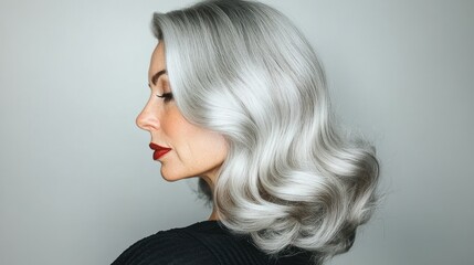 Side view of a woman with silver-gray hair styled in voluminous Hollywood waves, showcasing a glamorous and elegant look under studio lighting.