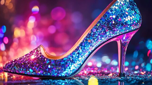 Glass slipper on a shiny background. Selective focus. Love.