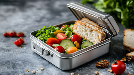 School lunch box with full meal top view with copy space 