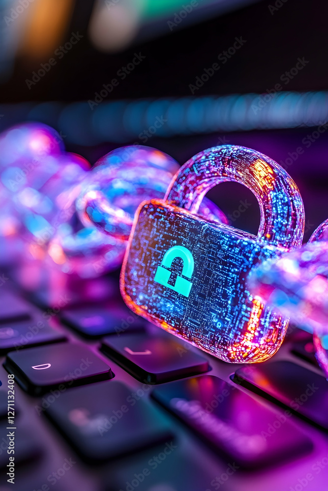 Poster secure data chain with padlock on laptop's keyboard for digital protection