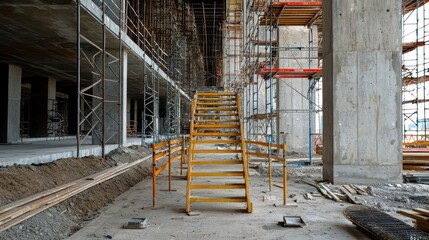 Yellow Metal Stairs in a Concrete Building Under Construction