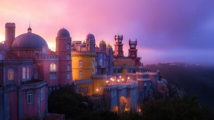 Pena Palace in Portugal, its colorful fade glowing against the Sintra hills.