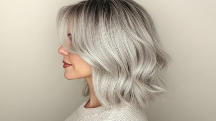 Side view of a woman with silver-gray hair styled in a layered shag cut, with soft waves adding volume and texture, standing against a neutral beige backdrop.