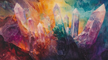 oil painting of a giant crystal cavern, shimmering with rainbow reflections.