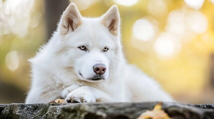 Obraz premium Elegant white husky resting in a serene outdoor setting with soft golden light illuminating its fur : Generative AI