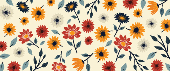 Vector Abstract Floral Pattern with Graphic Minimalistic or Vintage Style in Muted Color Palette – Elegant Botanical Design for Wallpapers, Textiles, and Backgrounds