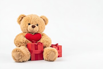 Obraz premium Teddy Bear with Valentine Gifts - Adorable teddy bear holding a red heart, sitting beside red gift boxes on a white background. Perfect for Valentine's Day