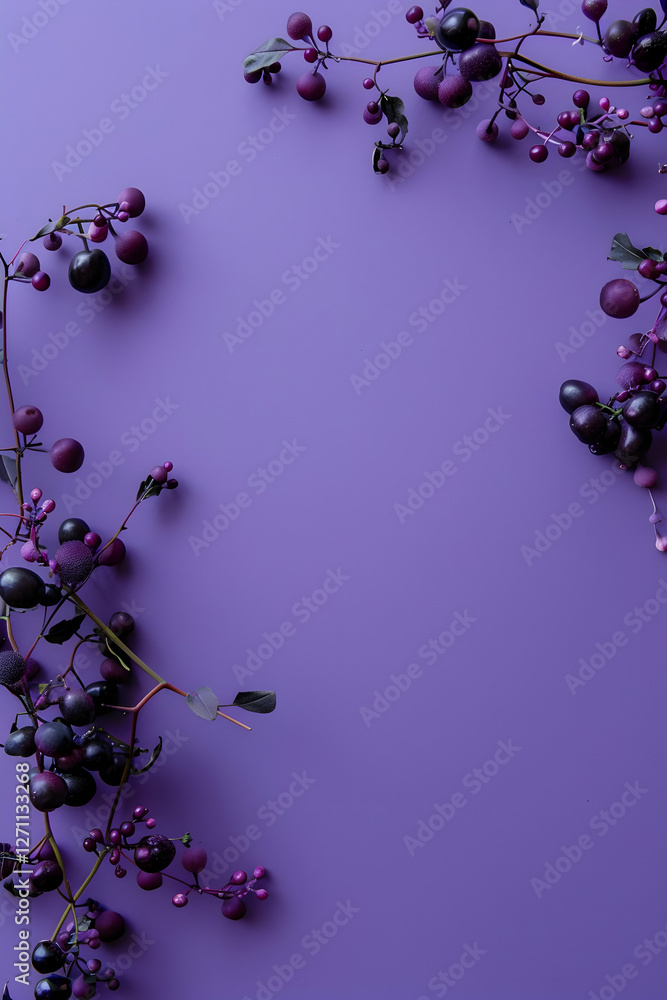 Poster vibrant purple backdrop adorned with clusters of dark grapes and berries, creating a rich, artistic 