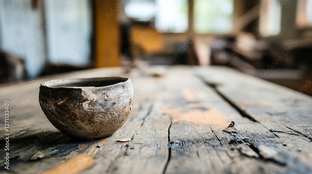 Poster Artisan crafted rustic pottery cup placed on a weathered wooden table in an inviting workshop setting : Generative AI
