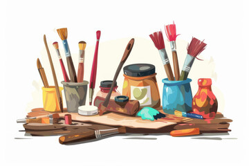 Illustration of various paintbrushes and art supplies on a wooden table, perfect for creativity and artistic themes.