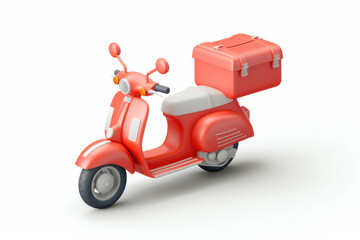 Obraz premium Red retro scooter with a delivery box on the back, symbolizing urban delivery service and transportation.