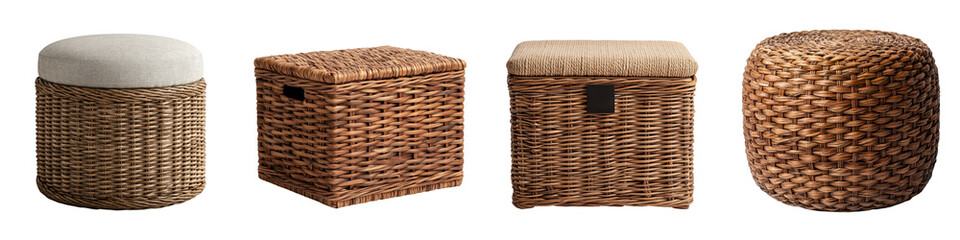 Assortment of Handcrafted Wicker and Rattan Furniture Pieces Including Ottomans Benches Poufs and Storage Containers for Cozy and Stylish Home Decor and Organization