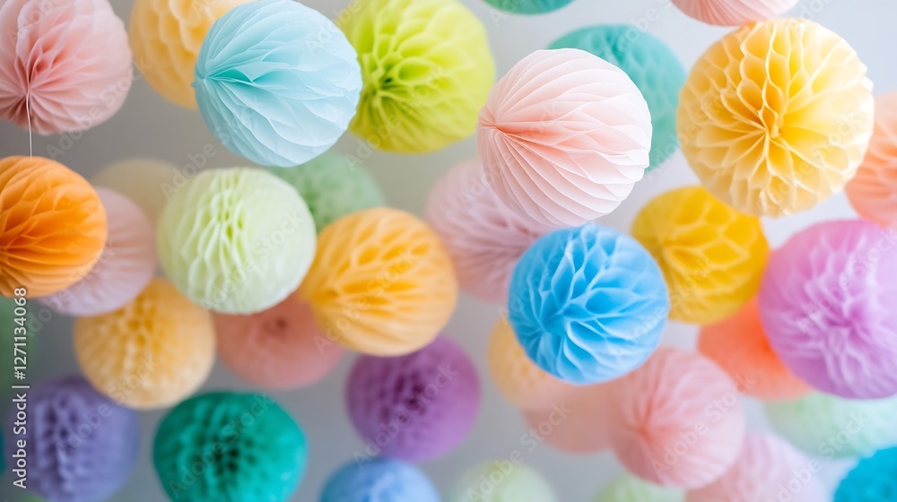 Poster vibrant colorful paper decorations arranged in playful clusters enhancing festive atmosphere : gener
