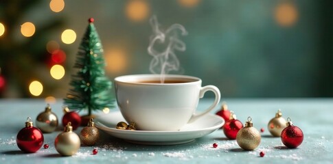 Fototapeta premium Dainty Christmas tree ornaments scattered around a steaming cup of coffee, season, decorations