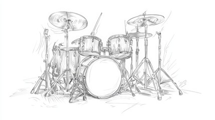Concept Sketch of a Drum Kit - A detailed pencil sketch of a drum set, symbolizing rhythm, music, performance, passion, and energy
