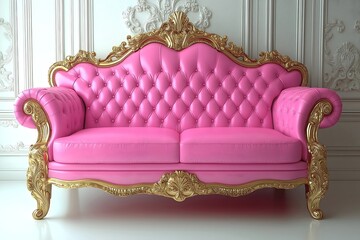Ornate magenta pink and gold baroque sofa.