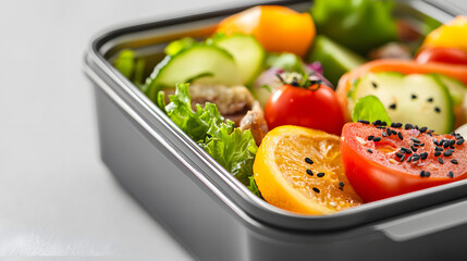 School lunch box with full meal top view with copy space 