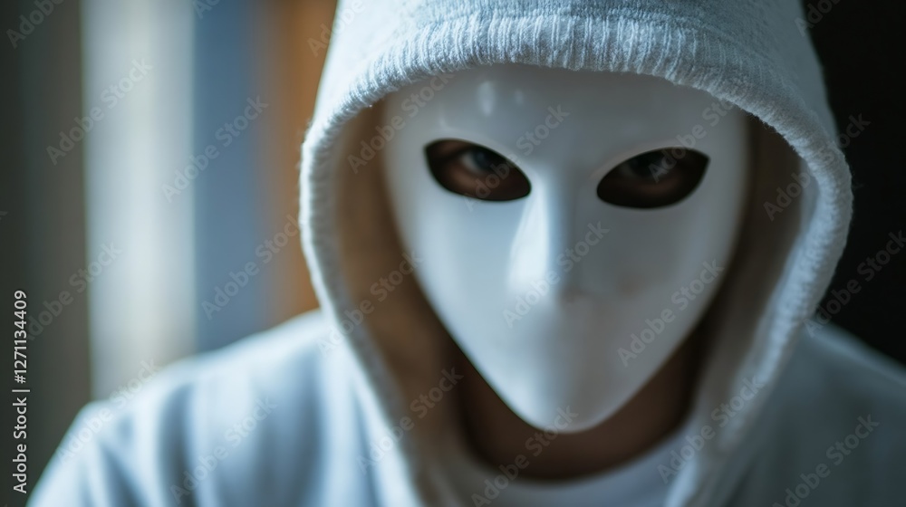 Poster mysterious figure with a white mask and hoodie exploring hidden emotions : generative ai