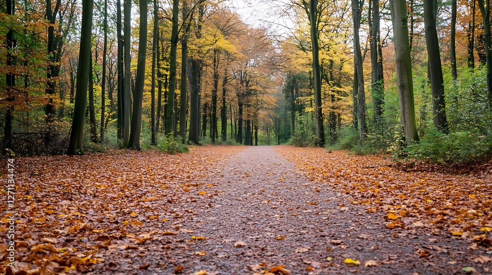 Poster scenic autumn pathway lined with vibrant trees and a carpet of orange leaves : generative ai